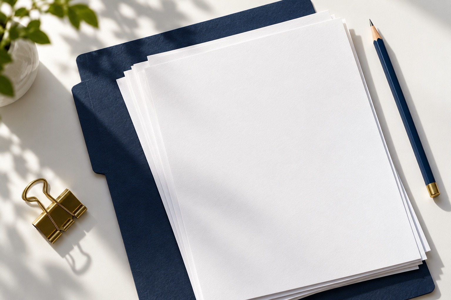 Illustrative still life of blank paper, navy folder, pencil and brass clip